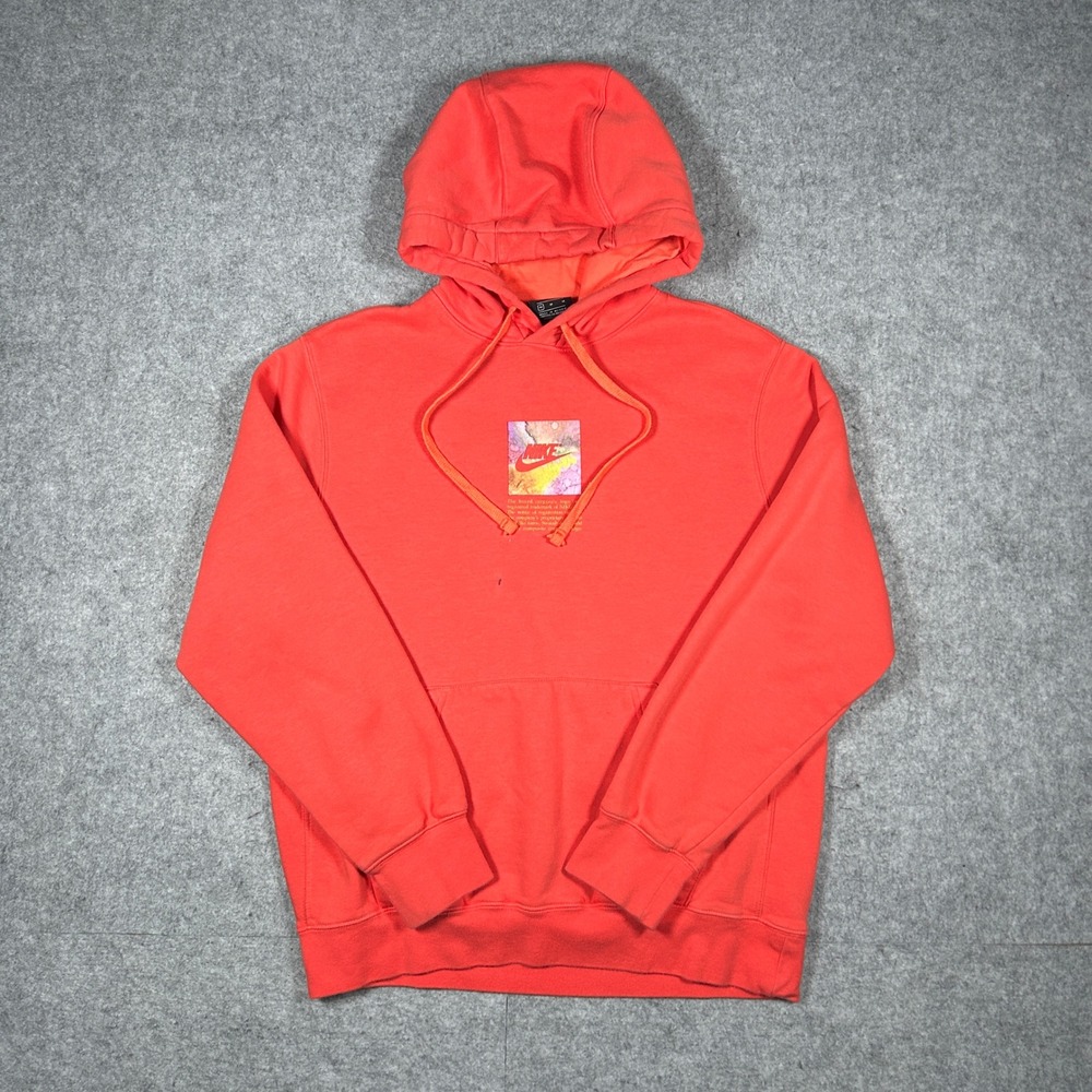 Nike Hoodie Mens Medium Orange Box Logo Watercolor Graphic Pullover Sweatshirt